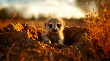 Cute Meerkat Sitting In The Hole And Looking At Camera. Generative AI.