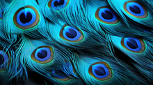 Blue Peacock Feathers In Closeup Details. Generative AI.