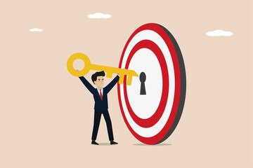 Wall Mural - Key to success and achieve business target, career achievement or secret of success in work concept, businessman put golden key in bullseye target key handle to unlock business success. Businessman.
