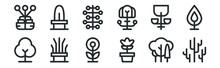 Set Of 12 Thin Outline Icons Such As Cactus, Cosmos, Dry Tree, Bloom, Seeds, Cactus For Web, Mobile