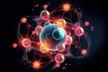 Wall Mural - Atomic nucleus electrons neutrons protons. model shows that an atom is mostly empty space, with electrons orbiting a fixed, positively charged nucleus in set, predictable paths.