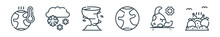 Outline Set Of Climate Change Line Icons. Linear Vector Icons Such As Global Warming, Snow, Hurricane, Earth, Bull, Dump. Vector Illustration.