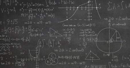 Composite of mathematical data processing over dark background