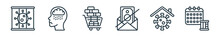 Outline Set Of Self Isolation Line Icons. Linear Vector Icons Such As No Virus, Depression, Bulk Buying, No Money, Virus, Date. Vector Illustration.