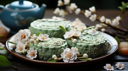 Mid Autumn Festival,Moon cake of matcha green tea flavor with surreal artificial flowers decoration on table,Chinese traditional pastry with blurry tea pot on wooden,Generative Ai