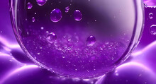 Large Drop Of Liquid, Water, Dew, Oil, Rain, Beautiful Round Shape Bright Glare And Shadow On A Saturated Purple Lilac Background Close-up Macro. Amazing Elegant Colorful Artistic Image.