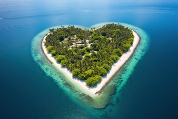 Canvas Print - Tropical island in the shape of heart. Aerial view. 3D illustration. Generative Ai.