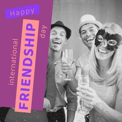 Wall Mural - Happy international friendship day text on purple with happy caucasian friends at party