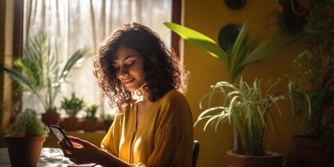 Happy beautiful woman checking social media holding smartphone sitting on a sofa at home. Smiling young woman using mobile phone app playing game, shopping online, ordering delivery, generative ai