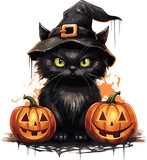 Fototapeta Dziecięca - Cute doodle cat animal for halloween day with watercolor illustration.GenerativeAI.