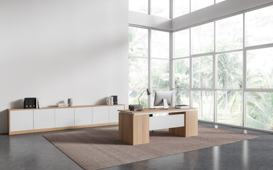 White office interior with work desk and sideboard, window and mock up wall