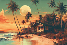Drawing Retro Tropical Beach Summer Background. Graphic Illustration Design. Generative Ai.