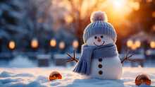 Winter Holiday Christmas Background Banner - Closeup Of A Cute Funny Laughing Snowman With A Wool Hat And Scarf, On A Snowy Snow Snowscape With Bokeh Lights