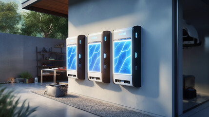 Battery packs alternative electric energy storage systems at home garage walls as backup or sustainable energy concepts.