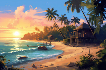 Drawing retro tropical beach summer background. Graphic illustration design. Generative ai.