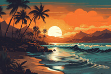 Drawing Retro Tropical Beach Summer Background. Graphic Illustration Design. Generative Ai.