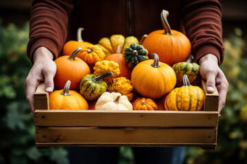 Sticker - Hands holding a crate with harvested pumpkins