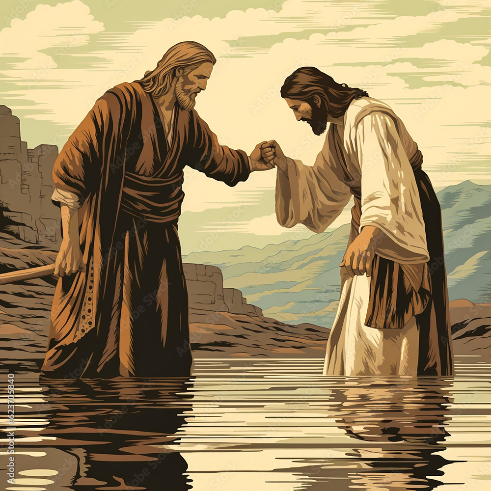 John the Baptist standing in the Jordan River and baptising. AI generativ.