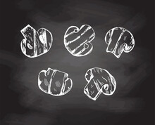 Organic Food. Hand Drawn Vector Sketch Of Grilled Champignons. Doodle Vintage Illustration On Chalkboard Background. Decorations For The Menu Of Cafes And Labels. Engraved Image.