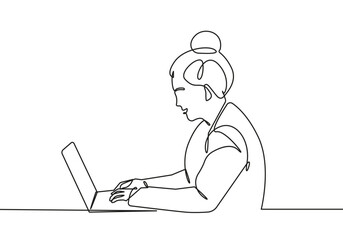 Wall Mural - Continuous One Line Drawing of Businesswoman with Laptop. Woman One Line Illustration. Female Line Abstract Portrait. Minimalist Contour Drawing. Vector EPS 10