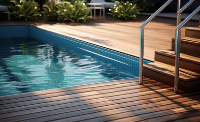 Swimming pool with stair and wooden deck at hotel.