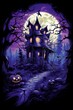 graphic t-shirt design style halloween haunted house. pumpkin heads. violet background. 
