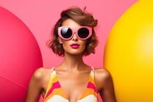 Playful Posing In Trendy Outfit, Girl In Pink, Outdoors With Beach Ball, Photorealistic Pastiche On Yellow Matte, Fashionable Costumes, Generative AI