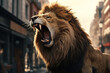 Roaring lion attack on city street, close-up of rabid dangerous animal, aggressive angry predator