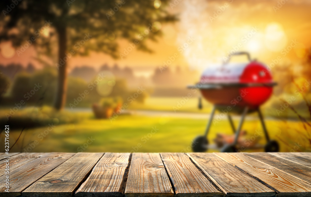 summer time in backyard garden with grill BBQ, wooden table, blurred ...