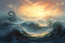 Surreal Sea Serpents Dancing Upon Misty Ocean Waves At Dawn