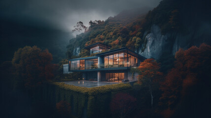 Wall Mural - A modern house with a flat roof and panoramic windows on a mountainside surrounded by a forest. 3D visualization. nature around the house