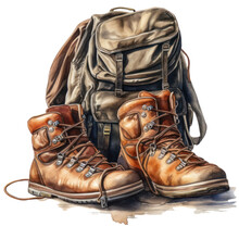 Old Hikers Boots And Backpack, Camping Scene, Hiking Tourism Watercolor Illustration Isolated With A Transparent Background, Summer Outdoor Activity Design Created With Generative AI.