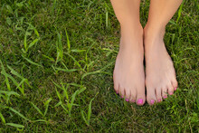 Female Feet Stand Barefoot On The Green Grass