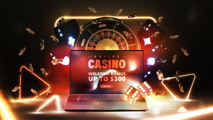 Online casino, dark poster with laptop, Roulette, chips, playing cards and gold neon triangles around