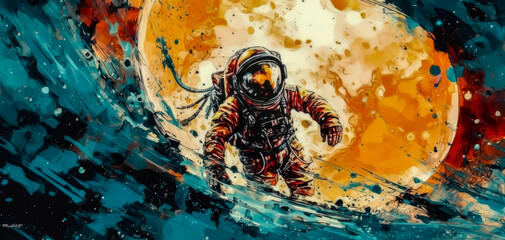 Wall Mural - astronaut in space with the earth and the sun in the background, painting style, art, wallpaper