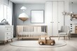 The modern scandinavian newborn baby room with mock up photo frame, wooden car, plush rhino and clouds. Hanging cotton flags and white stars. Minimalistic and cozy interior with white walls