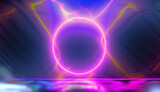 Fototapeta Do przedpokoju - Neon lighting effect, neon background, neon background with wall. Abstract neon lights background with laser rays, and glowing lines. AI-Generated