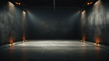 Empty Room With Concrete Walls, Dark Interior With Spotlights. Industrial Copy Space. Generative AI
