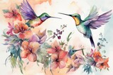 Fototapeta Motyle - Watercolor hummingbirds birds. Generate Ai
