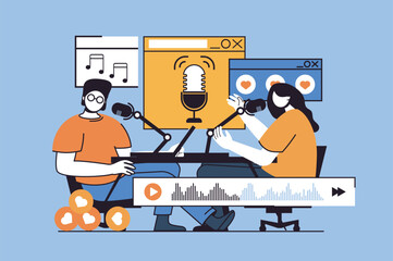 Aufkleber - Podcast streaming concept with people scene in flat design for web. Journalist and host broadcasting in and live discussing at studio. Vector illustration for social media banner, marketing material.