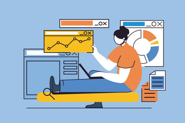 Poster - SEO analysis concept with people scene in flat design for web. Woman working with data, optimization and target for rating and traffic. Vector illustration for social media banner, marketing material.