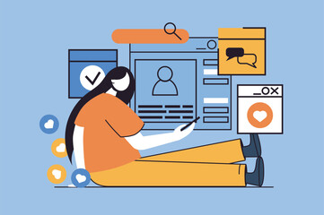 Leinwandbilder - Social network concept with people scene in flat design for web. Woman scrolling in browser, posting photo and likes, chatting online. Vector illustration for social media banner, marketing material.