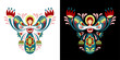 Vector color image with an angel with floral ornament based on Ukrainian embroidery on a white and black background.
