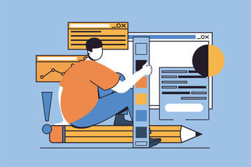 Fototapete - Designer studio concept with people scene in flat design for web. Man drawing graphic elements and creating digital art content. Vector illustration for social media banner, marketing material.