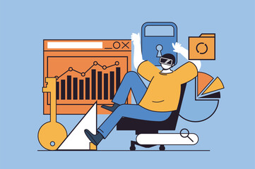 Poster - Cyberspace concept with people scene in flat design for web. Man in VR headset interacting with gaming simulation in virtual reality. Vector illustration for social media banner, marketing material.