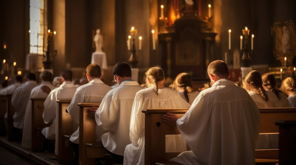 Devotees dressed in white praying inside a church