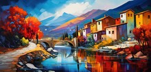 Painting Style Illustration Panorama Banner Wallpaper, Small Valley Village At Riverside, Generative Ai