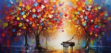Painting Style Illustration Banner Wallpaper, Autumn Forest With Colorful Leaves, Piano Play Music In Park  Generative Ai
