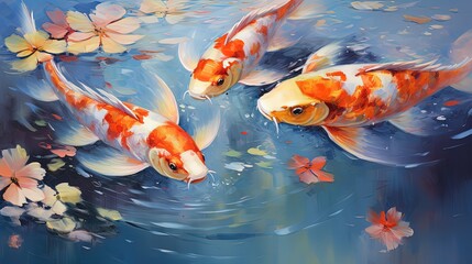 Wall Mural - paint like illustration of cute carps swimming in beutiful pond, Generative Ai