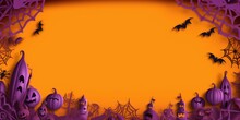 PaperCut Holloween Border, Bat, Ghost, Spider, Pumpkin, Candy, Broom, Cross, Grave Maker With Orang, Black, Purple, Orang, Spiders Web, Center, Place For Text, Leaving Space In One Corner And On Orang